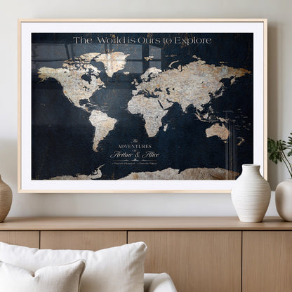 13231361-MGV-CV-36X24-Personalized World Map Wall Art – Navy Blue Vintage Adventure Travel Map with Custom Names, Elegant Push Pin Canvas for Couples