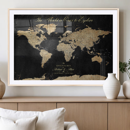98947257-MGV-CV-36X24-Personalized World Map Wall Art – Vintage Black Adventure Travel Map with Custom Names, Elegant Push Pin Canvas for Couples Home