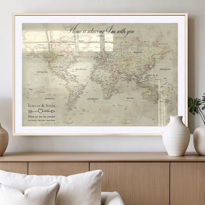 57950315-MGV-CV-36X24-Personalized World Map Wall Art – Vintage Beige Travel Map with Custom Names, Romantic Anniversary Gift for Couples, Adventure