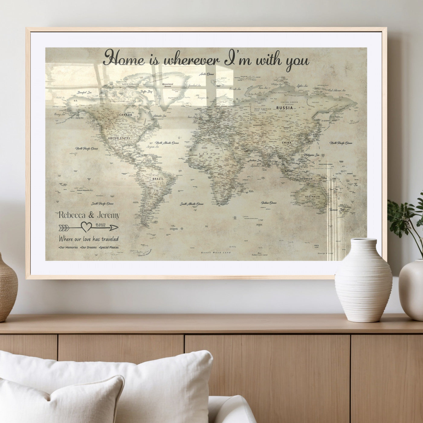35009043-MGV-CV-36X24-Personalized World Map Wall Art – Vintage Beige Travel Map with Custom Names and Date, Romantic Anniversary Gift for Couples Home