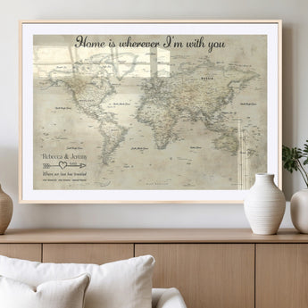 35009043-MGV-CV-36X24-Personalized World Map Wall Art – Vintage Beige Travel Map with Custom Names and Date, Romantic Anniversary Gift for Couples Home