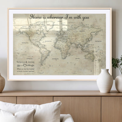 35009043-MGV-CV-36X24-Personalized World Map Wall Art – Vintage Beige Travel Map with Custom Names and Date, Romantic Anniversary Gift for Couples Home