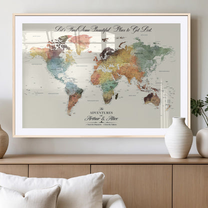 10311652-MGV-CV-36X24-Personalized World Map Wall Art - Watercolor Travel Map with Custom Names Minimalist Design for Couples&Families - Decor for Home,