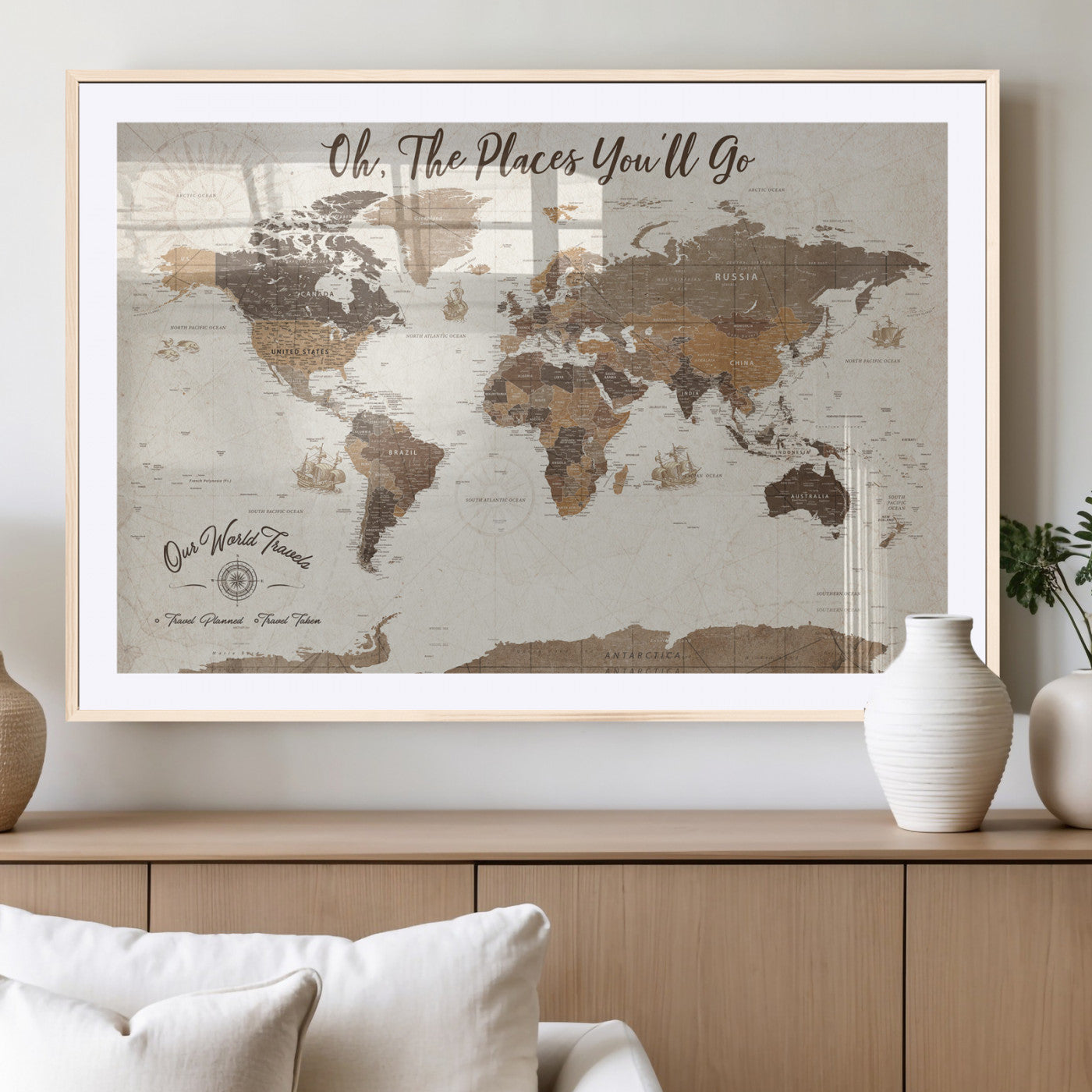 14140137-MGV-CV-36X24-Personalized World Map Wall Art – Vintage Nautical Adventure Map with Ships and Compass, Rustic Sepia Tones for Travel Lovers and