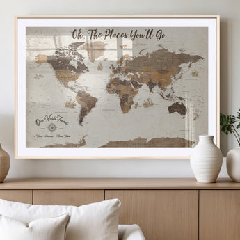 14140137-MGV-CV-36X24-Personalized World Map Wall Art – Vintage Nautical Adventure Map with Ships and Compass, Rustic Sepia Tones for Travel Lovers and