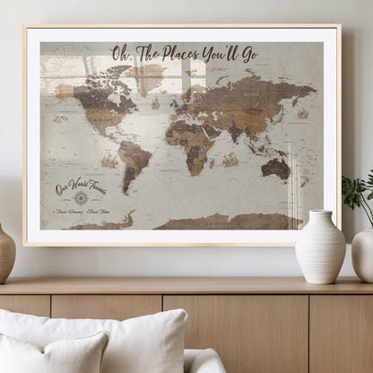 14140137-MGV-CV-36X24-Personalized World Map Wall Art – Vintage Nautical Adventure Map with Ships and Compass, Rustic Sepia Tones for Travel Lovers and