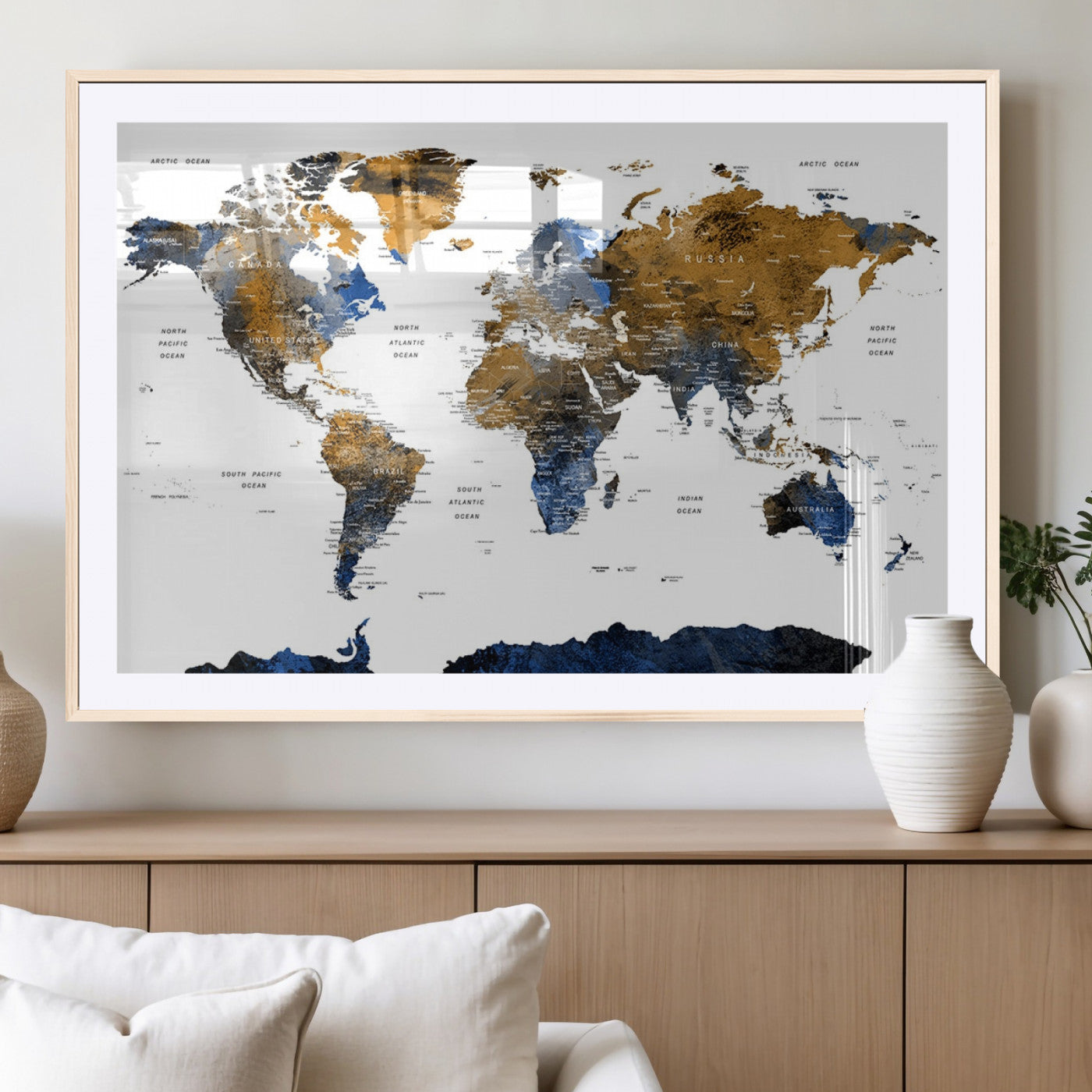 MGC-FP-36x24 - World Map Wall Art Canvas Print, Framed Blue Gold Map Art Picture Print, Rustic Atlas Perfect Rustic Modern Decor Artwork