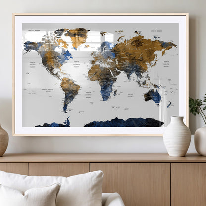 MGC-FP-36x24 - World Map Wall Art Canvas Print, Framed Blue Gold Map Art Picture Print, Rustic Atlas Perfect Rustic Modern Decor Artwork