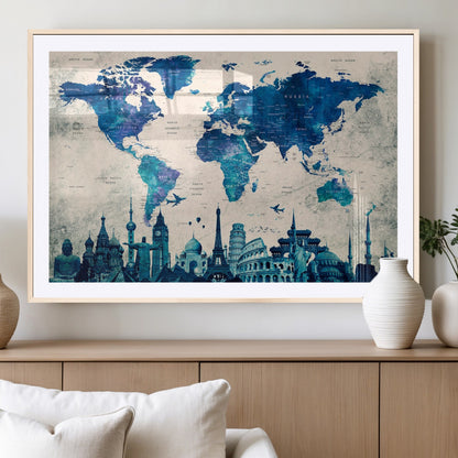 MGC-FP-36x24 - Blue World Map Wall Art Canvas Print, Framed Iconic Landmarks Art Picture Print, Blue Globe Map Perfect Elegant Explorer Decor Artwork