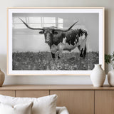 83785-MGC-FP-36x24_Natural-Texas Longhorn Wall Art Canvas Print, Framed Horned Bull Art Picture Print, Monochrome Cattle Perfect Rustic Western Decor Artwork