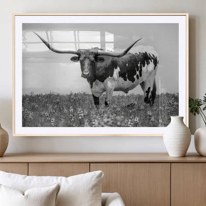 83785-MGC-FP-36x24_Natural-Texas Longhorn Wall Art Canvas Print, Framed Horned Bull Art Picture Print, Monochrome Cattle Perfect Rustic Western Decor Artwork