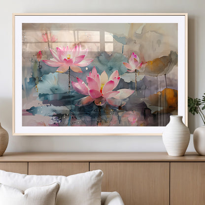 18414-MGC-FP-36x24_Natural-Pink Lotus Wall Art Canvas Print, Framed Water Lily Art Picture Print, Dreamy Floral Perfect Dreamy Botanical Decor Artwork