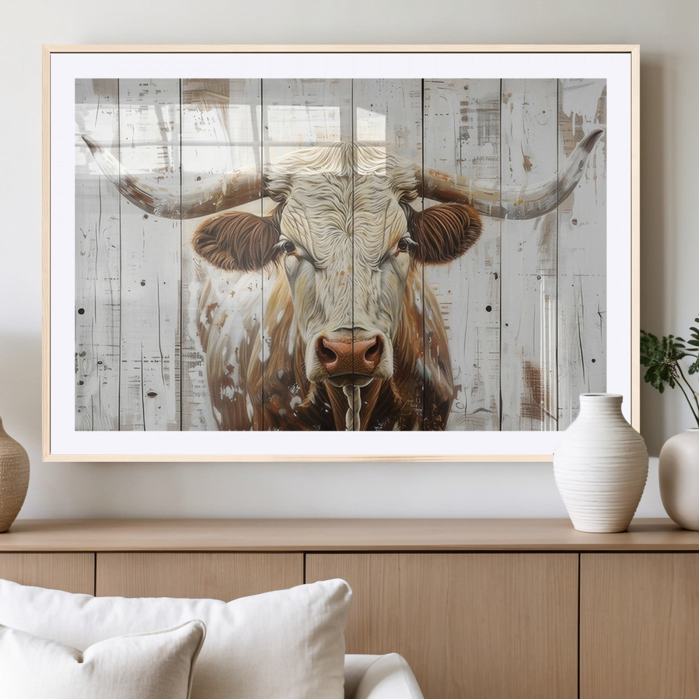 10840-MGC-FP-36x24_Natural-Texas Longhorn Wall Art Canvas Print, Framed Rustic Bull Art Picture Print, Western Cattle Perfect Rustic Western Decor Artwork