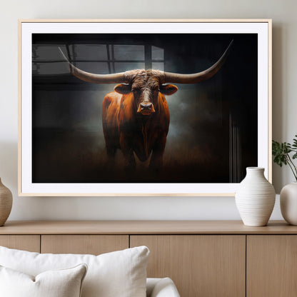 12484-MGC-FP-36x24_Natural-Texas Longhorn Wall Art Canvas Print, Framed Western Bull Art Picture Print, Moody Cattle Perfect Moody Western Decor Artwork