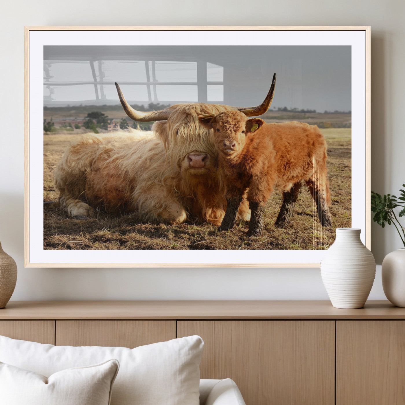 88780-MGC-FP-36x24_Natural-Highland Cow Wall Art Canvas Print, Framed Cow Calf Art Picture Print, Scottish Cattle Perfect Rustic Farmhouse Decor Artwork