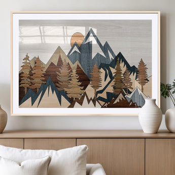 80300-MGC-FP-36x24_Natural-Geometric Mountains Wall Art Canvas Print, Framed Stylized Trees Art Picture Print, Graphic Forest Perfect Rustic Abstract Decor