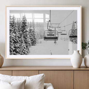 49274-MGC-FP-36x24_Natural-Snowy Forest Wall Art Canvas Print, Framed Ski Lift Art Picture Print, Mountain Snow Perfect Minimal Winter Lodge Decor Artwork