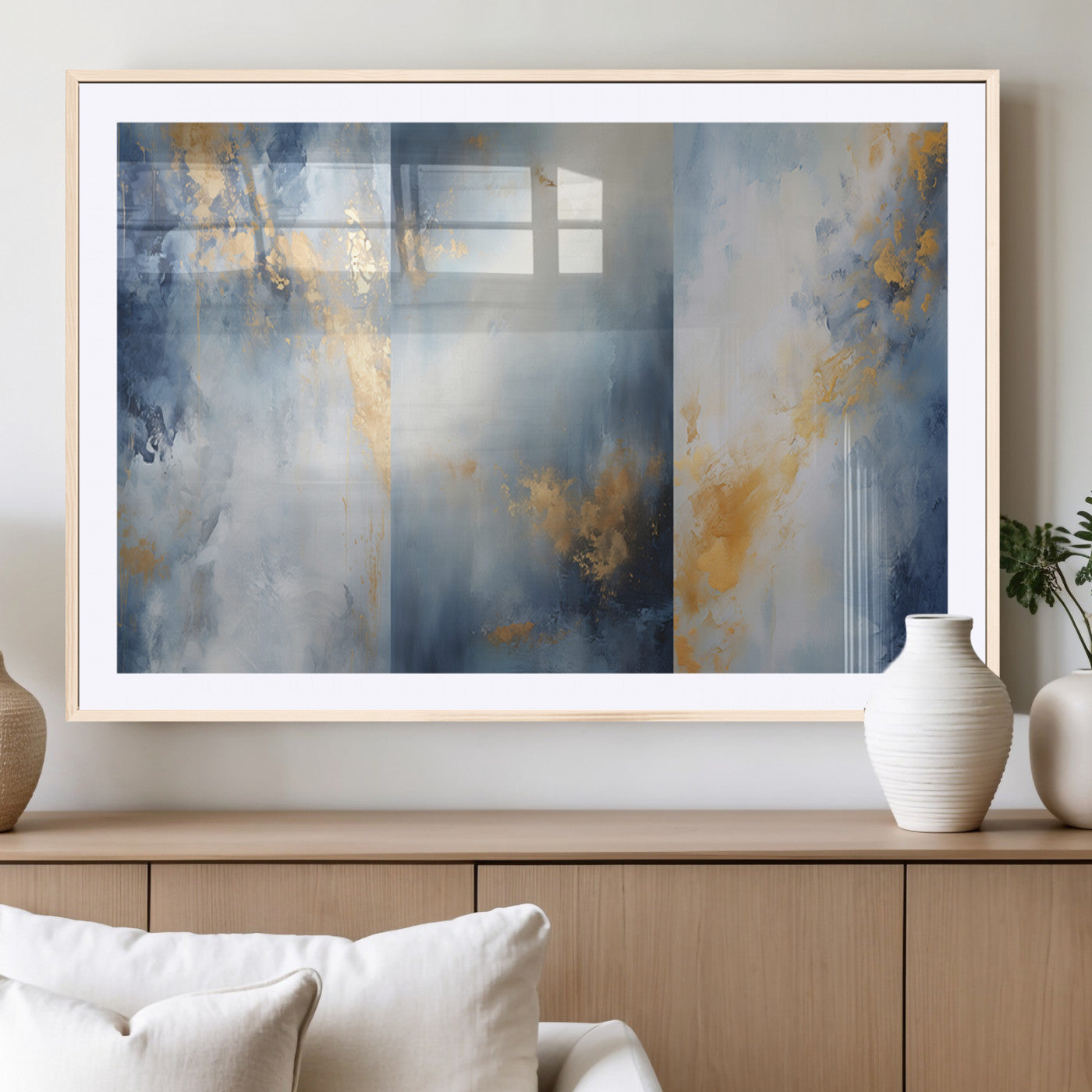 41836-MGC-FP-36x24_Natural-Abstract Gold Wall Art Canvas Print, Framed Blue Layers Art Picture Print, Elegant Cloud Perfect Elegant Minimalist Decor Artwork