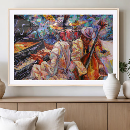 13675-MGC-FP-36x24_Natural-Jazz Band Wall Art Canvas Print, Framed Jazz Oil Painting Art Picture Print, Vibrant Music Perfect Abstract Musical Decor Artwork
