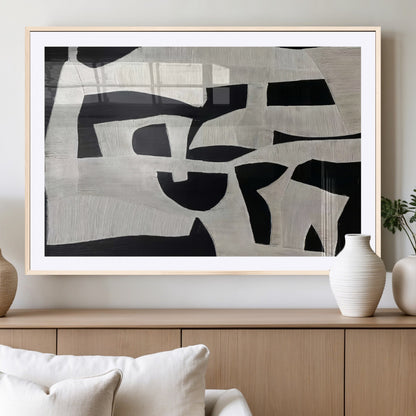33714-MGC-FP-36x24_Natural-Monochrome Design Wall Art Canvas Print, Framed Modern Linework Art Picture Print, Textured Shapes Perfect Monochrome Modern Decor