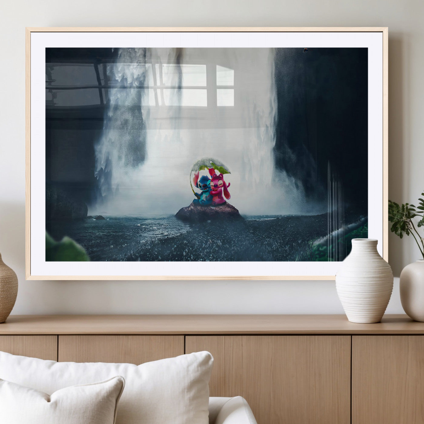 32259-MGV-CV-36X24-Stitch Angel Wall Art Canvas Print, Framed Stitch Waterfall Art Picture Print, Cartoon Couple Perfect Moody Fantasy Decor Artwork