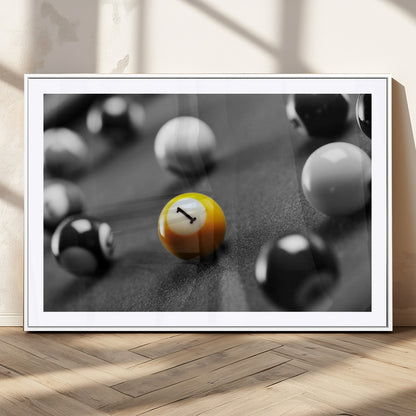 52108-MGC-FP-36x24_White-Precision Pool Table Wall Art – Close Up Yellow 1 Ball Canvas Print, Hand-Played Billiards Game Decor for Office, Game Room, or