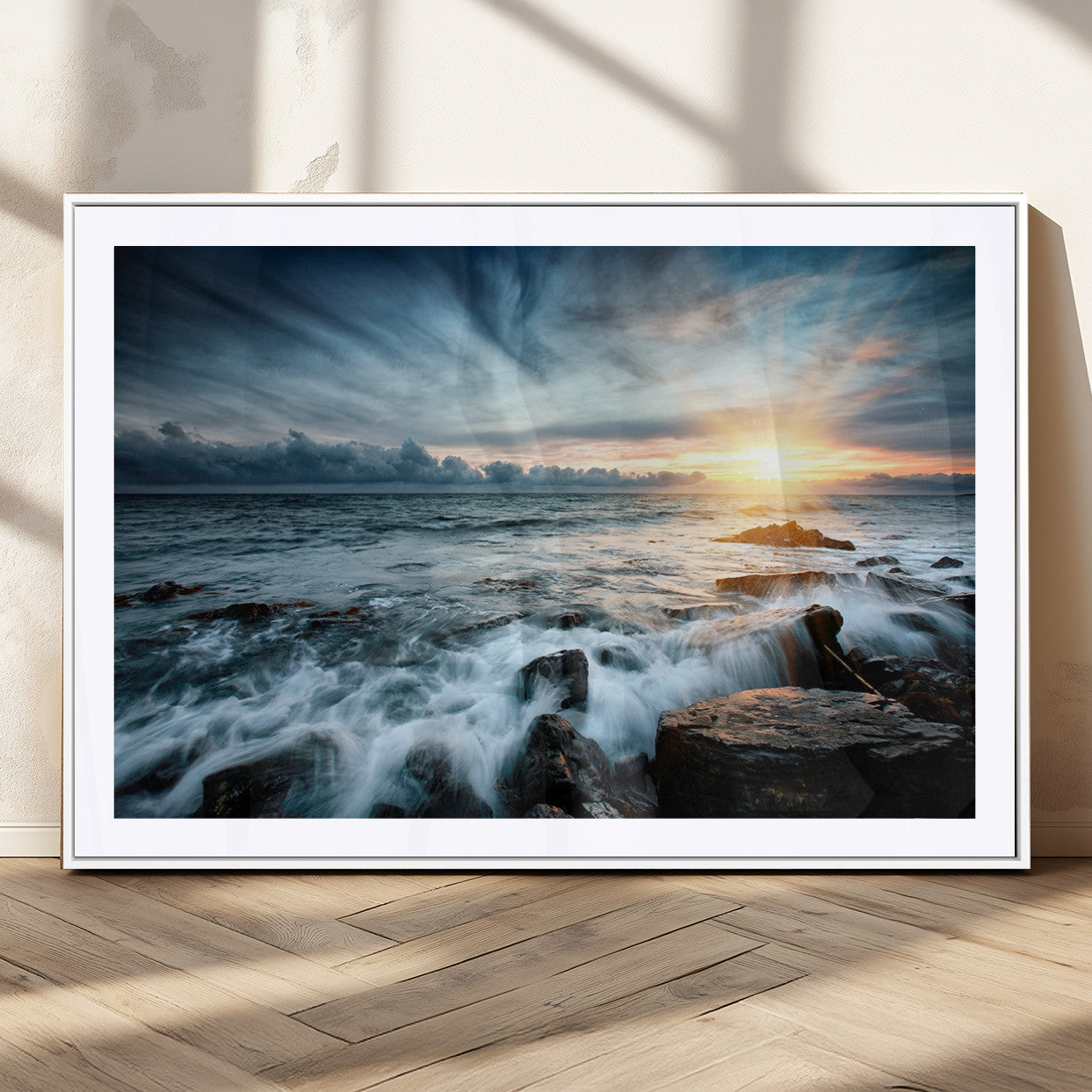 33428-MGC-FP-36x24_White-Ocean Sunrise Wall Art – Serene Seascape Canvas Print, Coastal Home or Office Decor, Perfect for Living Room, Bedroom, or Study