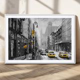 32362-MGC-FP-36x24_White-NYC Street Wall Art – Black and White Cityscape with Yellow Taxis and Umbrella Canvas Print, Urban Home Decor for Living Room or