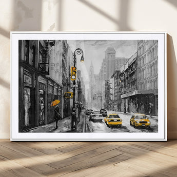 32362-MGC-FP-36x24_White-NYC Street Wall Art – Black and White Cityscape with Yellow Taxis and Umbrella Canvas Print, Urban Home Decor for Living Room or