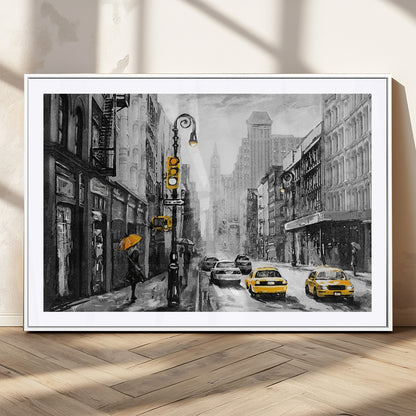 32362-MGC-FP-36x24_White-NYC Street Wall Art – Black and White Cityscape with Yellow Taxis and Umbrella Canvas Print, Urban Home Decor for Living Room or