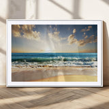 13139-MGC-FP-36x24_White-Sunrise Beach Wall Art – Ocean Waves and Golden Sand Canvas Print, Coastal Home Decor for Living Room, Bedroom, or Office