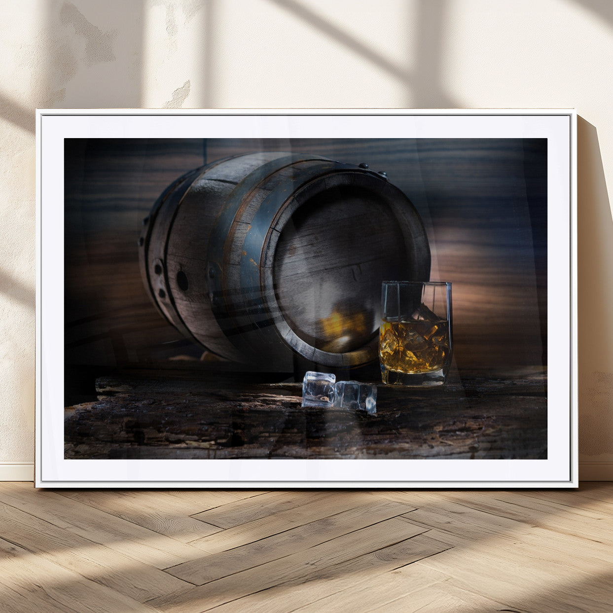 78049-MGC-FP-36x24_White-Whiskey Barrel Wall Art – Rustic Whiskey Barrel and Glass with Ice Canvas Print, Classic Bar or Lounge Decor for Home, Office, or