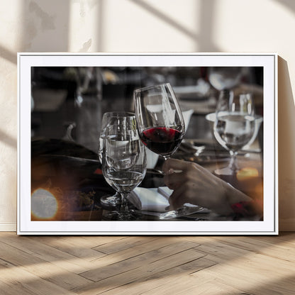 75513-MGC-FP-36x24_White-Elegant Wine Toast Wall Art – Close-Up Red Wine Glass at Dinner Table Canvas Print, Sophisticated Dining Room or Bar Decor