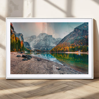 25982-MGC-FP-36x24_White-Autumn Mountain Lake Wall Art – Panoramic Fall Foliage and Snowy Peaks Canvas Print, Scenic Nature Decor for Living Room or Office