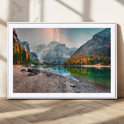25982-MGC-FP-36x24_White-Autumn Mountain Lake Wall Art – Panoramic Fall Foliage and Snowy Peaks Canvas Print, Scenic Nature Decor for Living Room or Office
