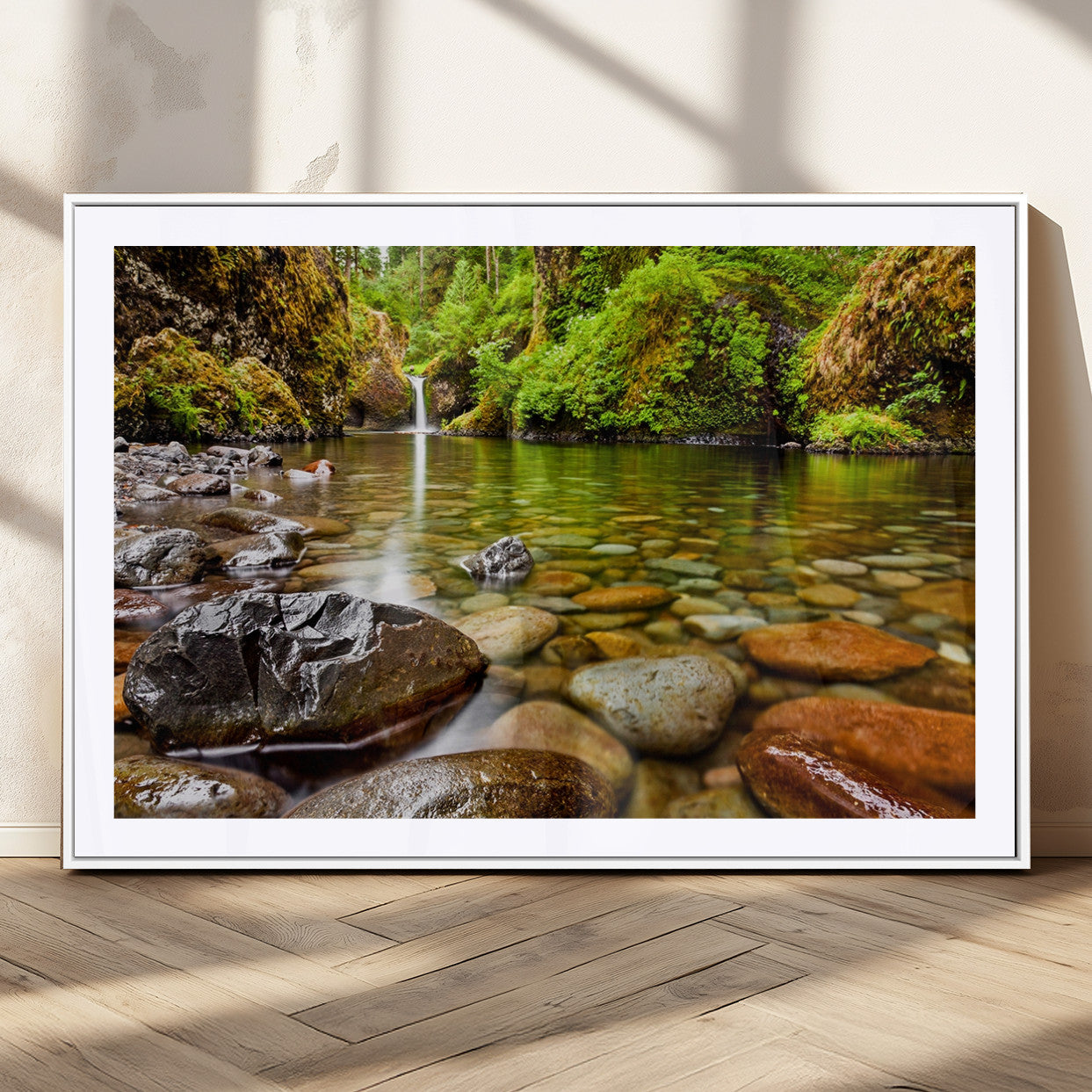 98096-MGC-FP-36x24_White-Serene River Waterfall Nature Photo – Calm Clear Water, Vibrant Green Forest and Smooth Stones Landscape Wall Art for Home or