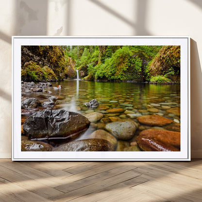 98096-MGC-FP-36x24_White-Serene River Waterfall Nature Photo – Calm Clear Water, Vibrant Green Forest and Smooth Stones Landscape Wall Art for Home or
