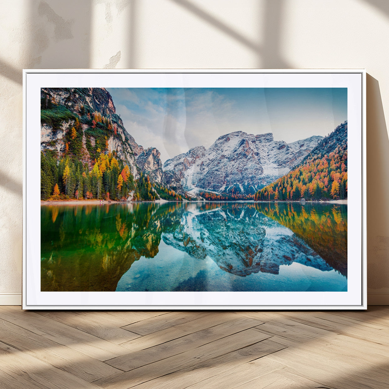 10402-MGC-FP-36x24_White-Snowy Mountain Lake Wall Art – Autumn Landscape Canvas Print with Reflection, Nature Decor for Living Room, Office, Bedroom or