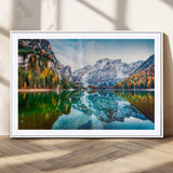 10402-MGC-FP-36x24_White-Snowy Mountain Lake Wall Art – Autumn Landscape Canvas Print with Reflection, Nature Decor for Living Room, Office, Bedroom or