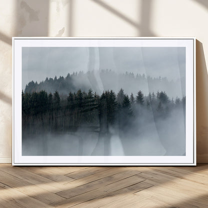 42596-MGC-FP-36x24_White-Misty Forest Wall Art – Atmospheric Pine Trees Canvas Print, Nature Landscape Decor for Living Room, Bedroom, Office, or Cabin