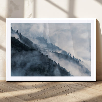 85737-MGV-CV-36X24-Misty Mountain Wall Art – Atmospheric Pine Forest Canvas Print with Fog and Mist, Calm Nature Decor for Living Room, Bedroom,