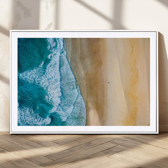 46640-MGC-FP-36x24_White-Aerial Beach Wall Art – Turquoise Waves and Golden Sand Canvas Print with Lone Surfer, Coastal Ocean Decor for Living Room,