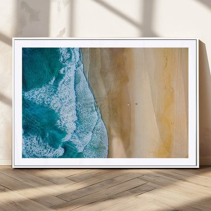 46640-MGC-FP-36x24_White-Aerial Beach Wall Art – Turquoise Waves and Golden Sand Canvas Print with Lone Surfer, Coastal Ocean Decor for Living Room,