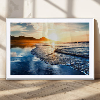 86173-MGC-FP-36x24_White-Golden Sunset Beach Wall Art – Reflective Ocean Canvas Print with Mountains and Waves, Coastal Nature Decor for Living Room,