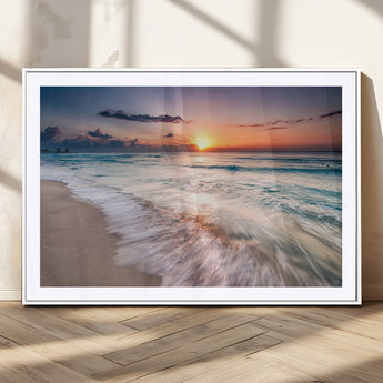 71849-MGC-FP-36x24_White-Sunrise Ocean Beach Wall Art – Serene Seascape Canvas Print with Gentle Waves, Coastal Nature Decor for Bedroom, Living Room or