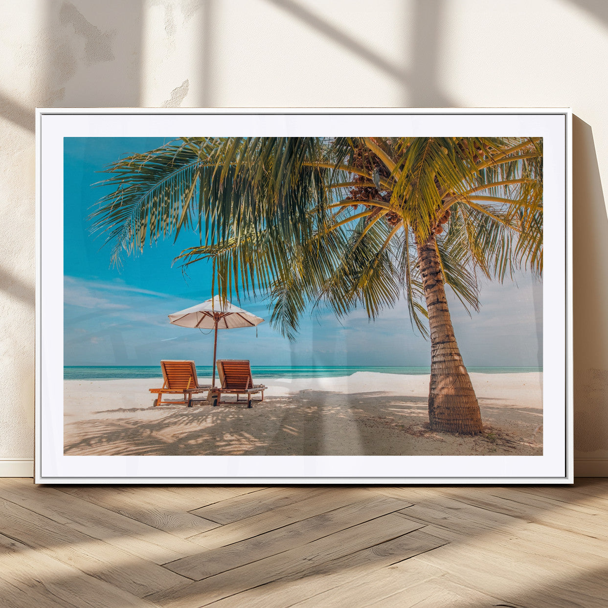 69754-MGV-CV-36X24-Tropical Beach Wall Art – Relaxing Palm Tree and Lounge Chairs Canvas Print, Serene Coastal Decor for Living Room, Bedroom, Office