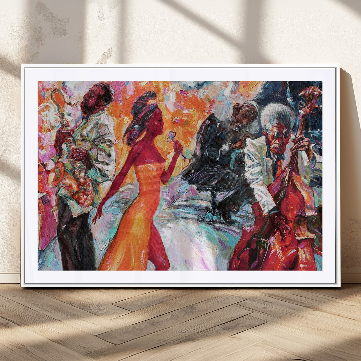 24452-MGC-FP-36x24_White-Vibrant Jazz Musician Painting - Expressive Art Print of Live Jazz Band, Perfect Wall Decor for Music Lovers and Art Enthusiasts