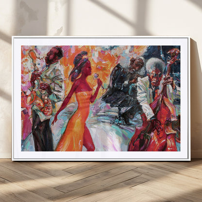 24452-MGC-FP-36x24_White-Vibrant Jazz Musician Painting - Expressive Art Print of Live Jazz Band, Perfect Wall Decor for Music Lovers and Art Enthusiasts