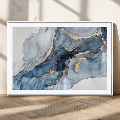 33782-MGC-FP-36x24_White-Abstract Marble Wall Art – Blue & Gold Fluid Painting Canvas Print, Modern Home Decor for Living Room, Bedroom or Office