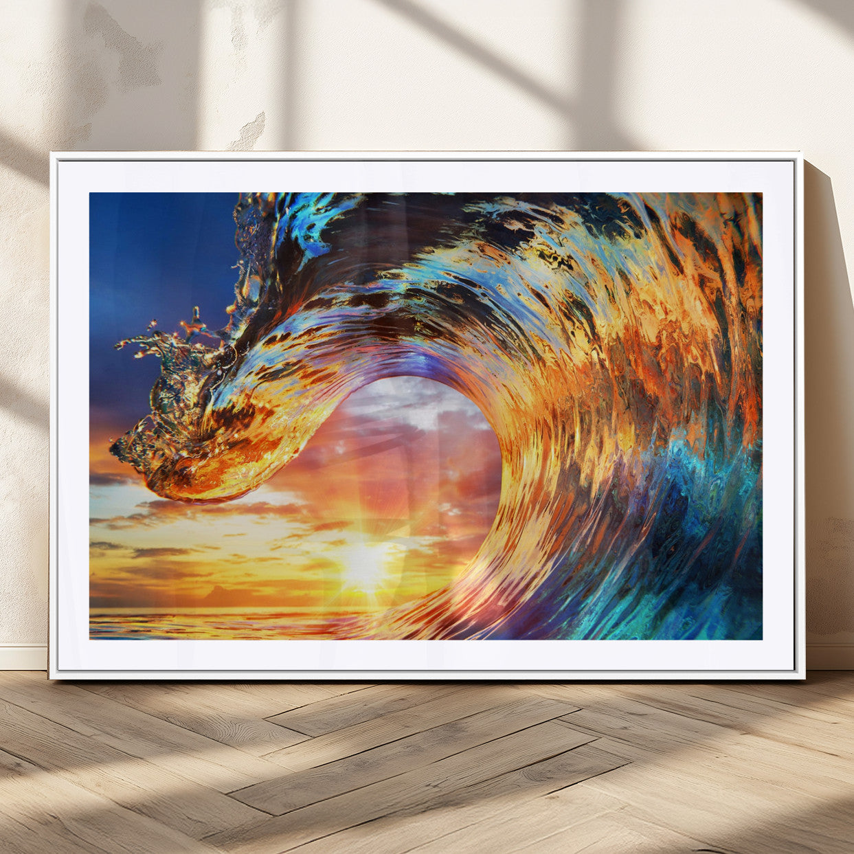 52890-MGV-CV-36X24-Surfing Wave Wall Art Canvas Print, Framed Sunset Ocean Art Picture Print, Ocean Wave Perfect Nautical Decor Artwork